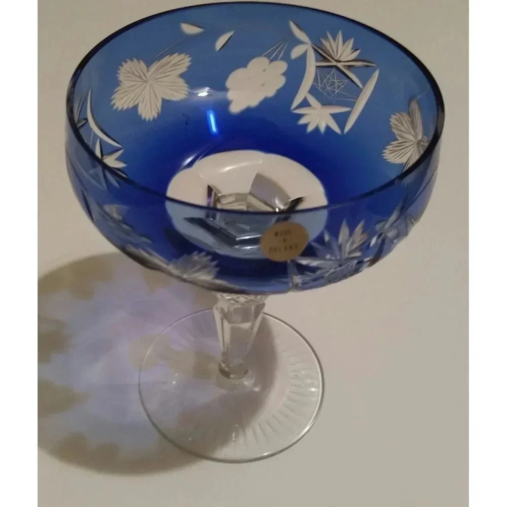 Cobalt Blue Etched Cut to CLEAR Crystal Champagne Glass Poland witg Orig Sticker
